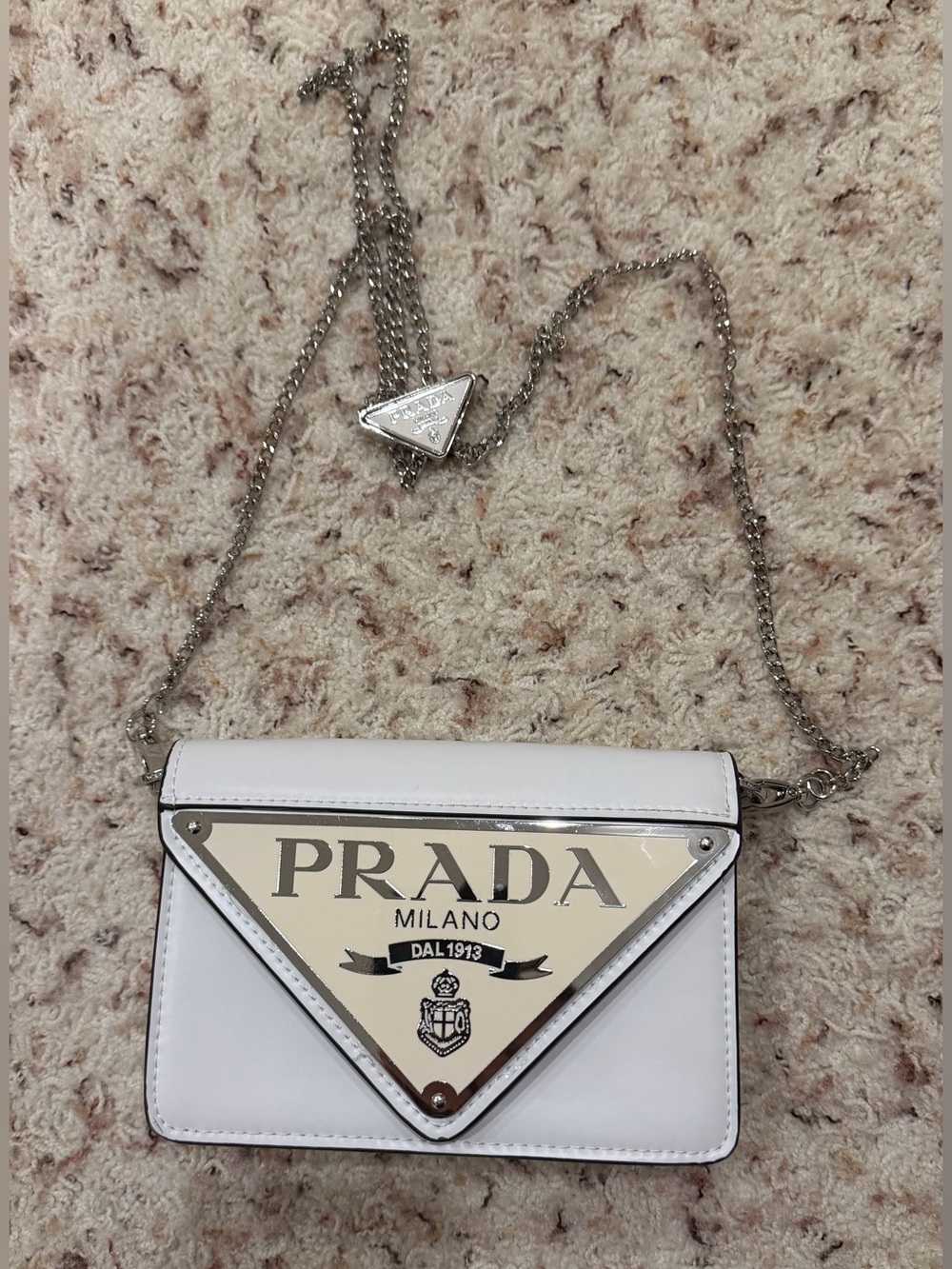 Prada White Leather Spazzolato Triangle Chain Crossbody